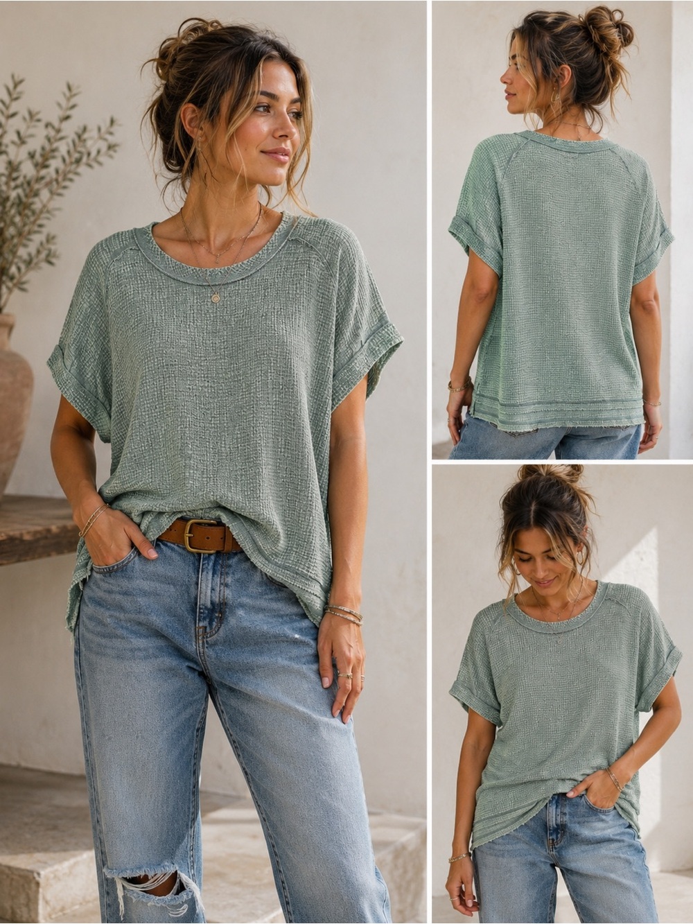Zenana Outfitters Sage Green 100% cotton Knit Short-Sleeve Top